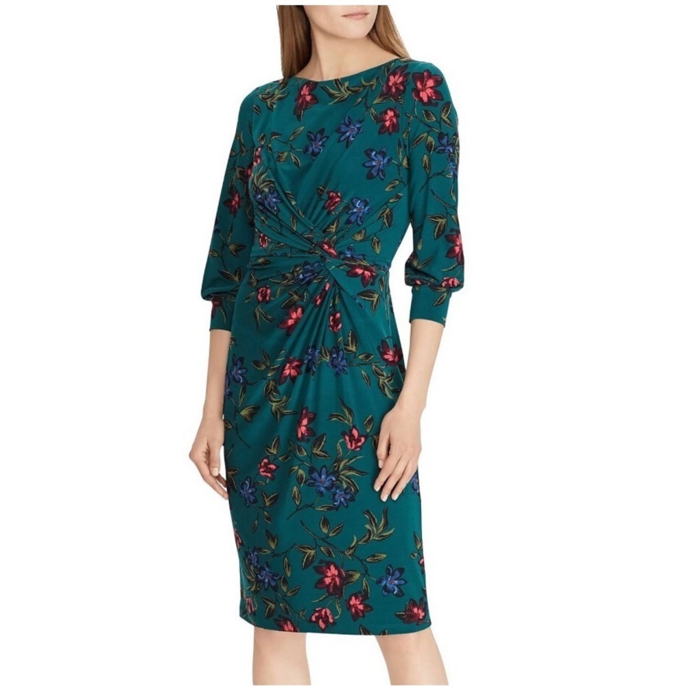 LAUREN RALPH LAUREN Jersey Floral Print 3/4 Sleeve Sheath Dress Twist Ruched 12